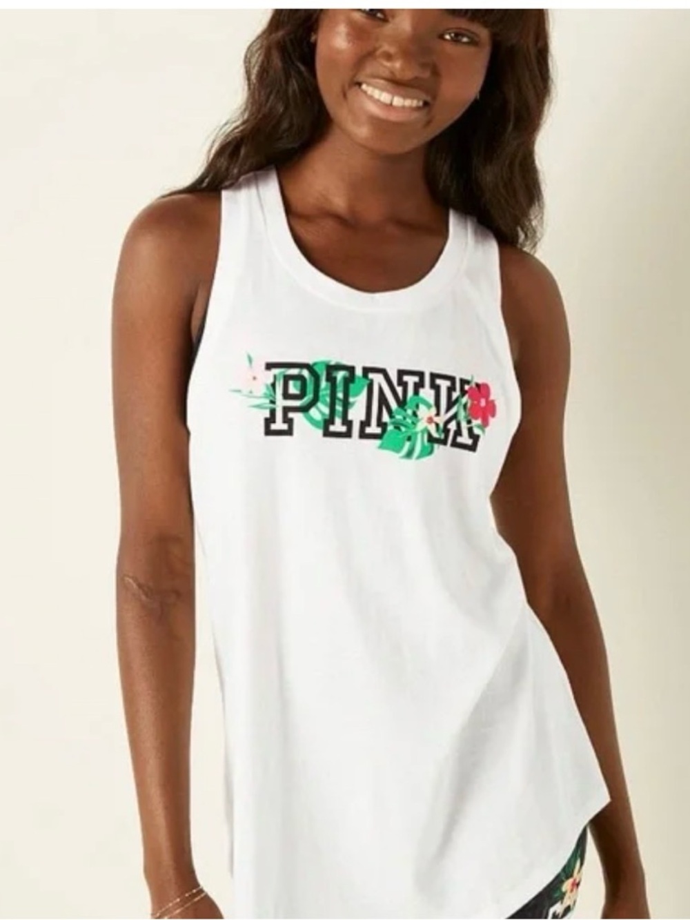 PINK Victoria's Secret White Tank with Green & Pink Floral Logo